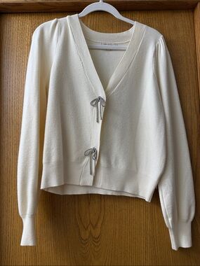 Skies Are Blue Cream Tie-Front Puff Sleeve Cardigan